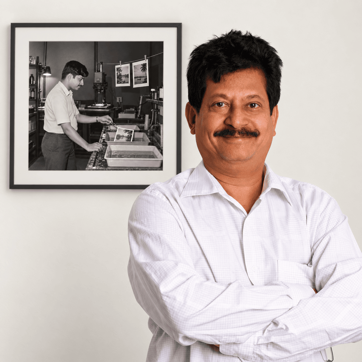 T. S. Ramanan with a framed AI recreation of his early darkroom work